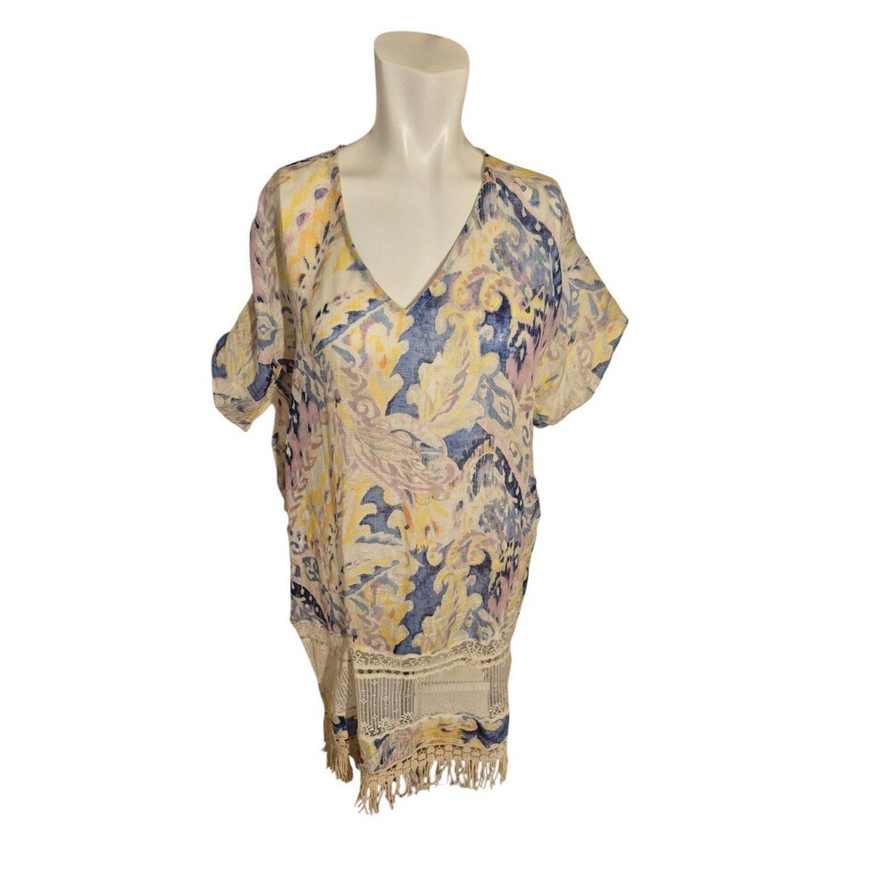 Chico's Linen Swim Cover Boho Tunic Top Dress Watercolor Fringe detail Sz S/M